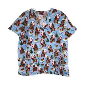 Women’s Size 1X Holiday Scrub Top Christmas Santa Sled Trees “Ho Ho Ho”